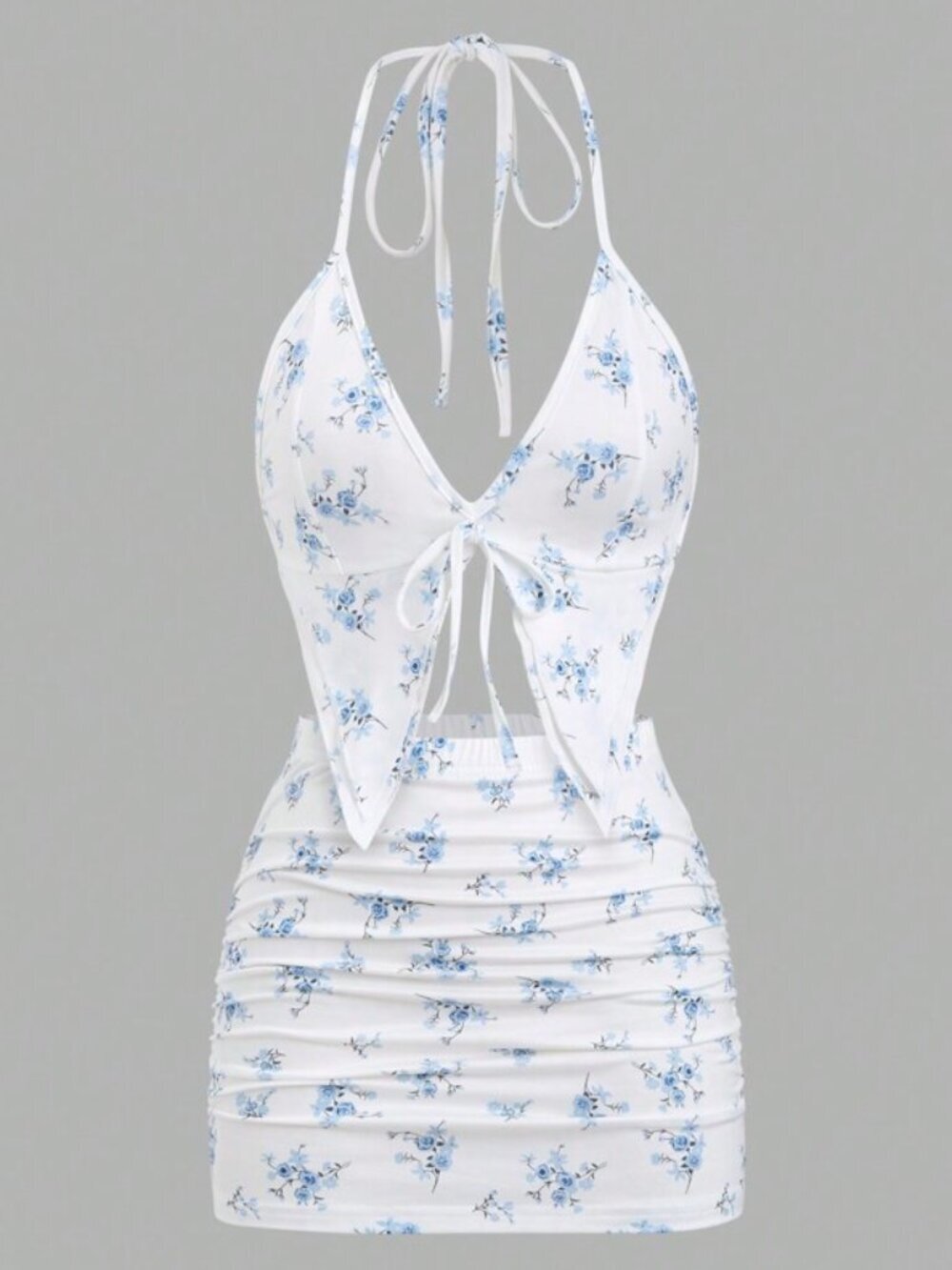SHEIN Floral Halter Handkerchief Crop Top Ruched Mini Skirt Set White Blue M